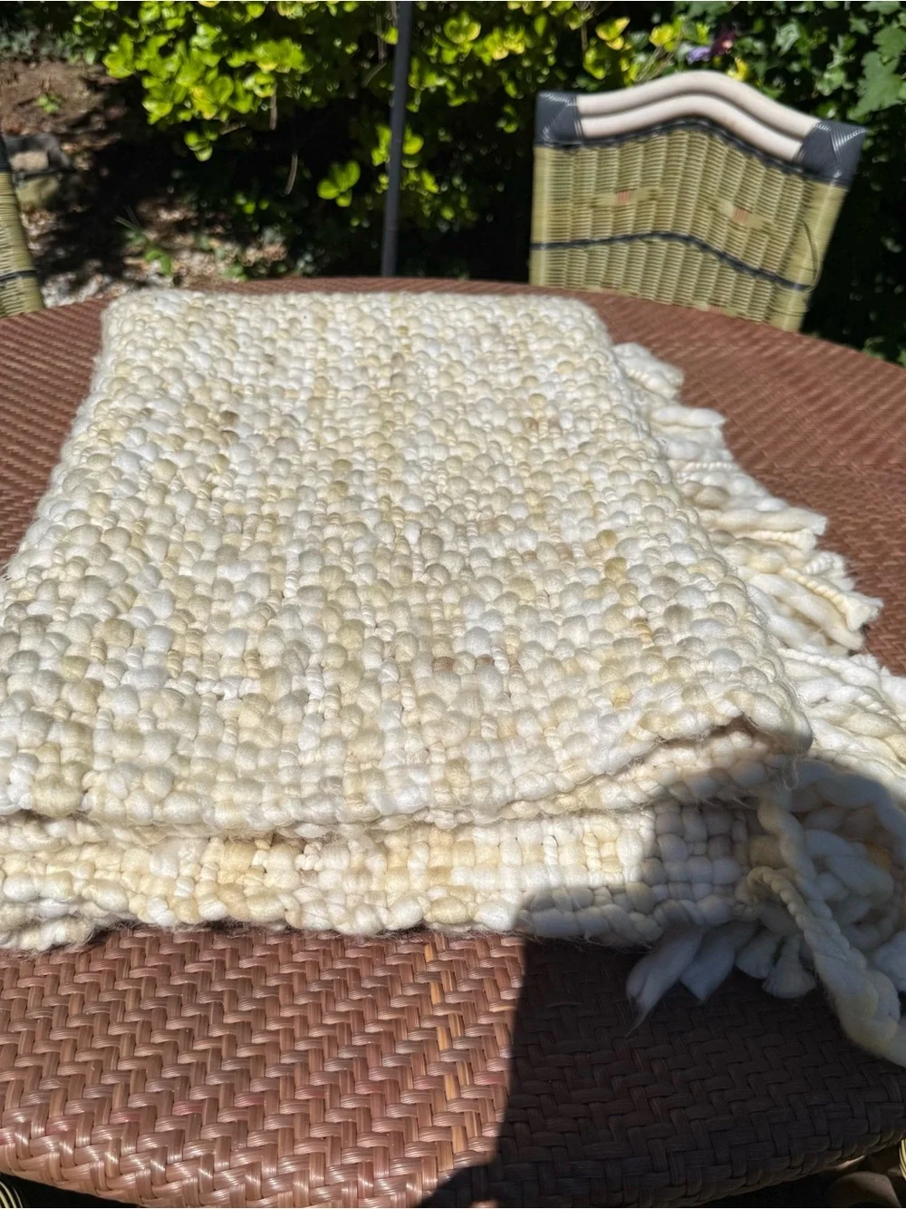 West Elm Marled Basketweave Throw 50x60 Cream Chunky Handwoven Fringe Blanket